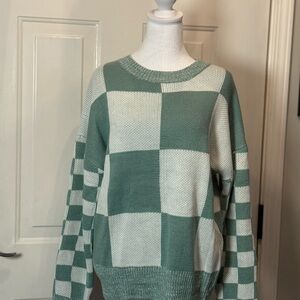 Green and White Checkered Women's Sweater